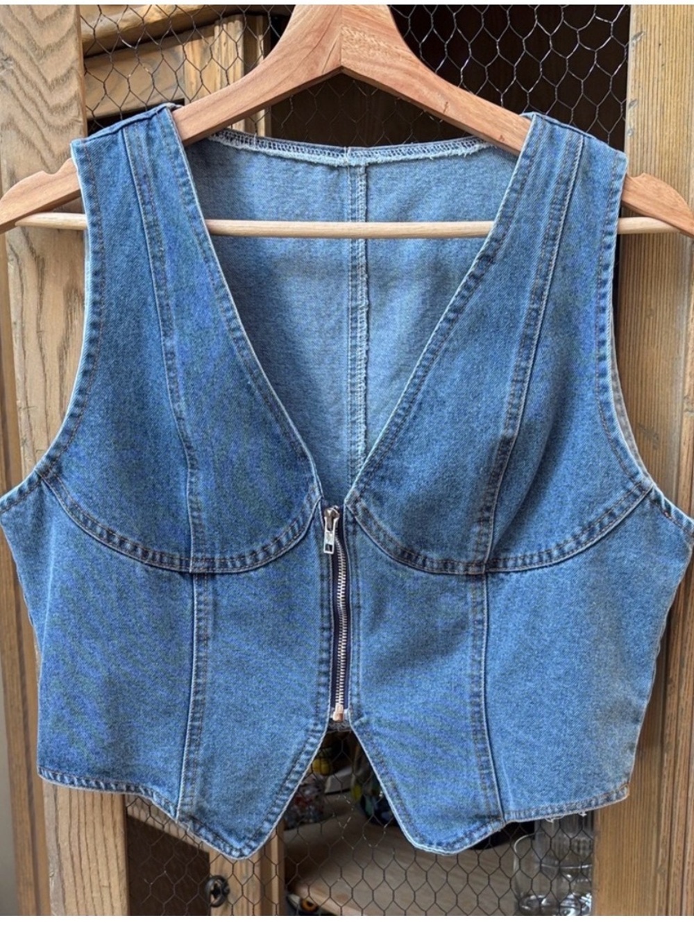 Denim Zip-Front Cropped Vest in Blue